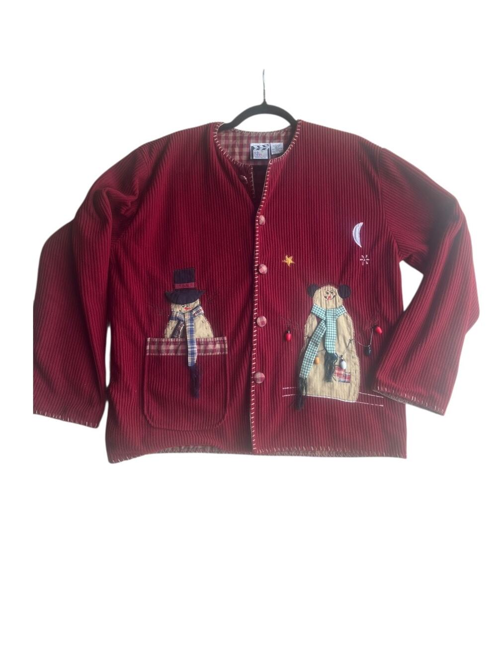 Take Two Women's M Vintage Corduroy Christmas Embroidered Snowman Jacket Red